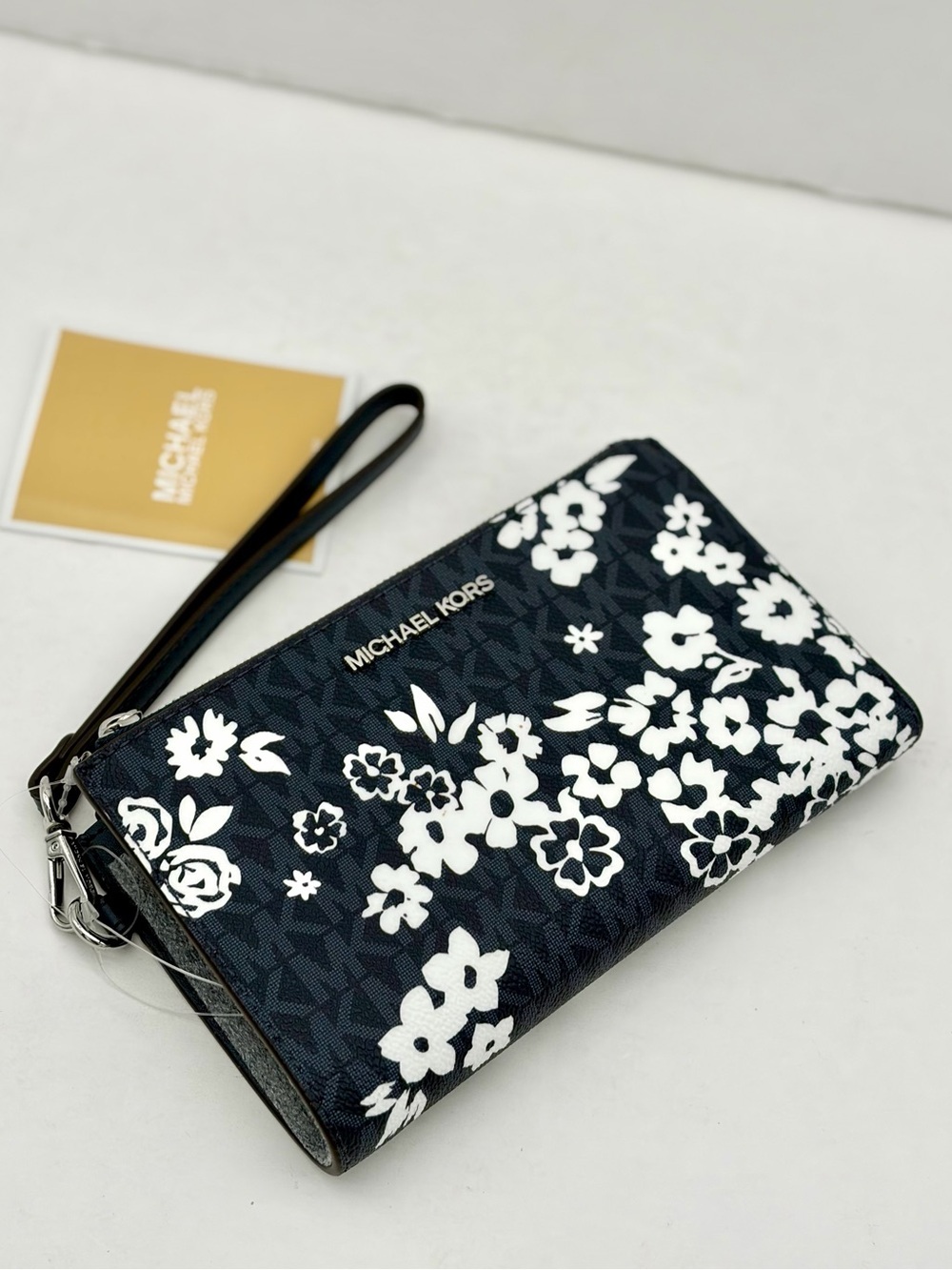 Michael Kors Navy Blue Floral Logo Wristlet Clutch